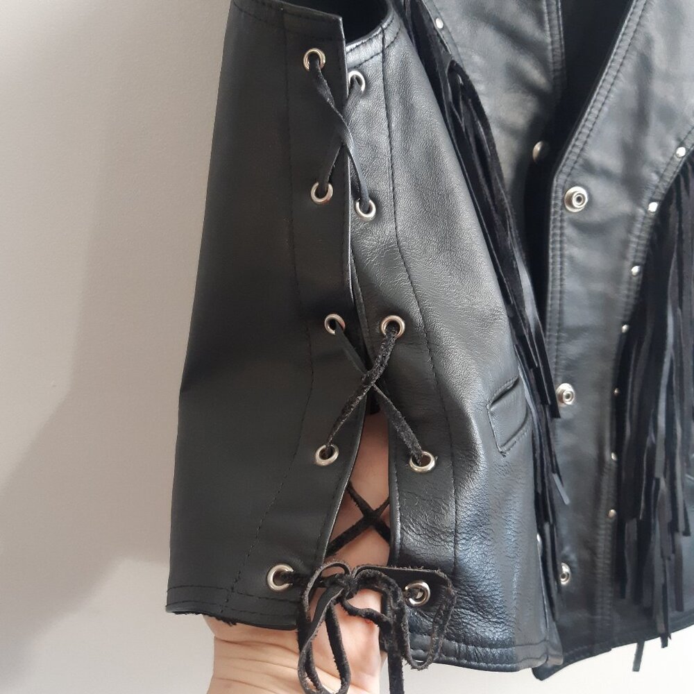 Vintage Genuine Leather Fringe Vest Biker Western Black Lace Up Made in Canada S - Picture 10 of 11